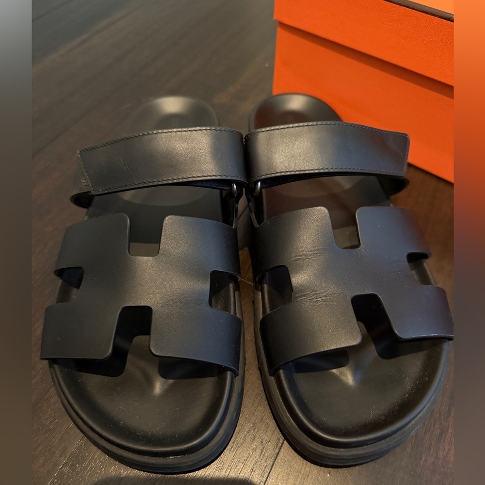 Hermes women Chypre Black Leather Slides 40.5